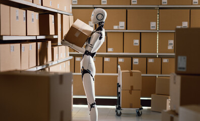 Android robot moving cardboard boxes in a warehouse