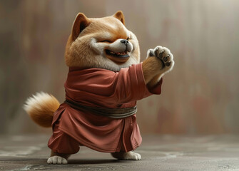 A chubby 3D cartoon dog in Kung Fu attire chuckling as it tries to perform a complicated martial arts sequence - obrazy, fototapety, plakaty