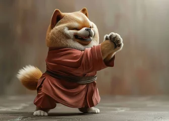Fotobehang A chubby 3D cartoon dog in Kung Fu attire chuckling as it tries to perform a complicated martial arts sequence © Woraphon