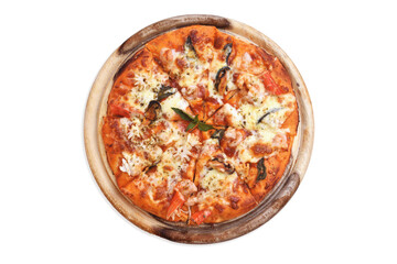 Topview Pizza on a wooden platter. White background