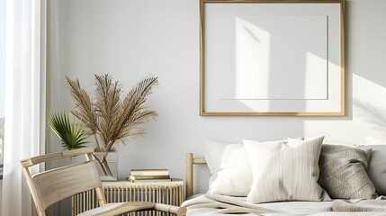 Square shape mockup photo frame wooden border, on bedside table in modern living room, 3d render