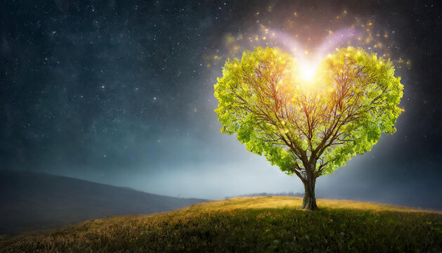 Glowing heart-shaped tree on meadow. Starry sky. Love, Valentine's Day, romantic