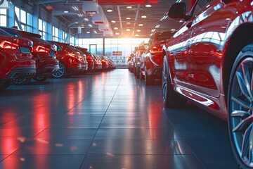 A row of red cars are parked in a showroom