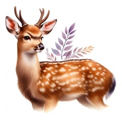 Deer in flowers and grass in a meadow in watercolor style. Noble beautiful animal.