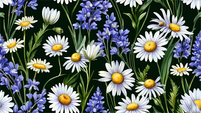 white and blue blossom flowers on isolated bckground painting of spring wildflower
