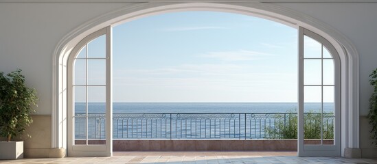 Interior view of a square window showing a terrace and ocean view in the background.