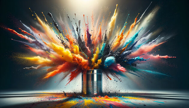 Explosion of can of colorful paint- rainbow colours, studio light