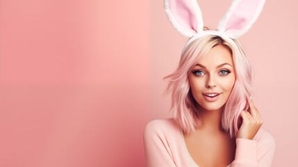 Beautiful young woman with colorful hair and rabbit ears 