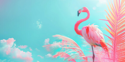 Pink flamingo on a turquoise blue background. Summer vacation colorful tropical background in pastel bright colors.  - obrazy, fototapety, plakaty