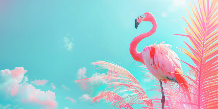 Pink flamingo on a turquoise blue background. Summer vacation colorful tropical background in pastel bright colors. 