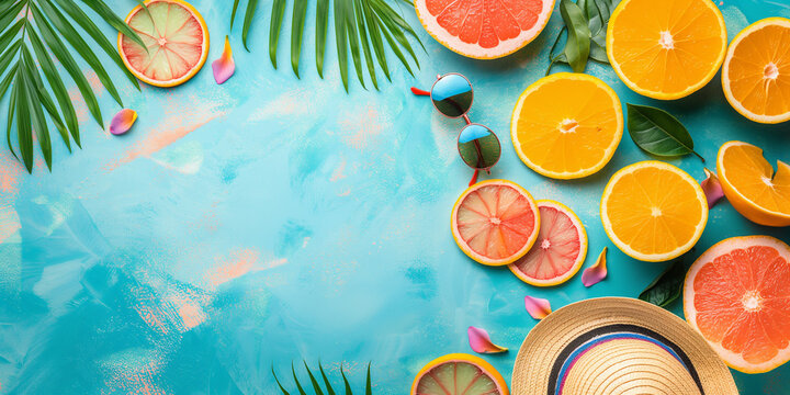 Straw hat, sunglasses, citrus slices and palm leaves. Summer vacation colorful tropical background in pastel bright colors. Sunglasses, palm leaves and citrus slices