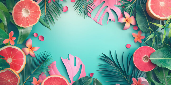 Summer vacation colorful tropical background in pastel bright colors. Palm leaves, monstra leaves and pink grapefruit citrus slices.