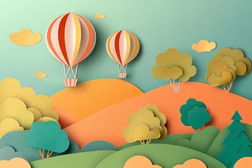Fotobehang a paper cut out of a landscape with hot air balloons © Mariana