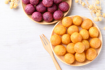 Deep fried sweet potato balls, Thai street food, top view