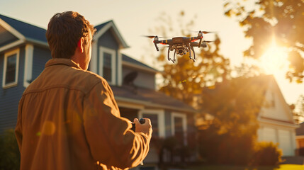 A man plays with a drone in front of his house. With a backdrop of beautiful houses and clear skies, Ai generated Images