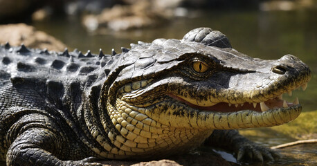 Fototapeta premium A close-up of a young caiman's eye reflecting the wild nature and danger of its tropical habitat.