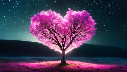 Fototapeta na wymiar Beautiful pink heart-shaped tree on meadow. Starry sky. Fantasy world. Love, Valentine's Day