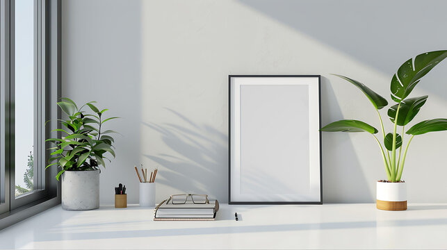 Square shape mockup photo frame glass border, on study desk in modern living room, 3d render