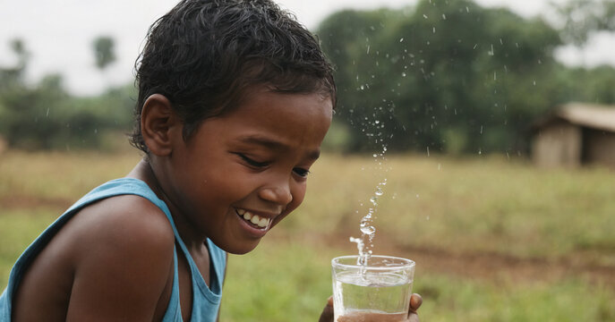 African child smiling happily as volunteers provide clean drinking water.