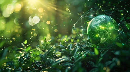 Poster globe hologram light effects in green nature with the icon of Environment. Technology Environment for sustainable business on green company Concept. © growth.ai