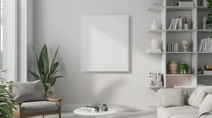Square shape mockup photo frame plastic border, on bookcase in modern living room, 3d render