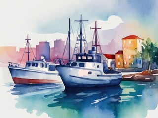 port with boat watercolor - obrazy, fototapety, plakaty