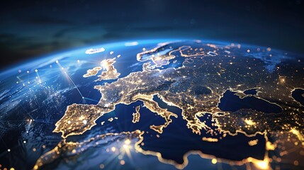 Global network connection over planet Earth, centered on Europe. Data transfer and cyber technology, information exchange and international telecommunication.
