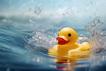 Yellow rubber duck floating on blue water on a hot summer day. Ai Generative
