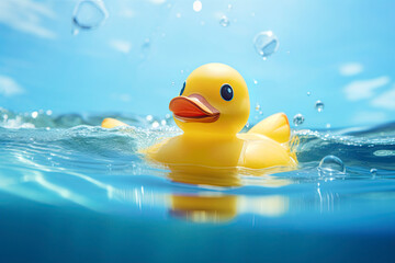 Yellow rubber duck floating on blue water on a hot summer day. Ai Generative