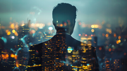 businessman, duble exposure with the sightly skyscraper, night city background - obrazy, fototapety, plakaty