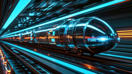 Fototapeta premium fast modern express passenger train high speed railway hyperloop moving flash light Futuristic technology hi tech future digital transport hyperloop concept