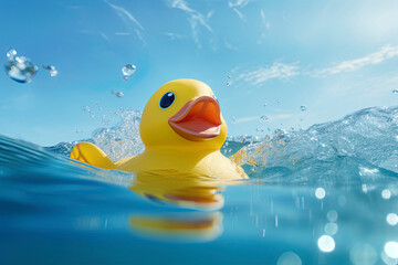 Yellow rubber duck floating on blue water on a hot summer day. Ai Generative