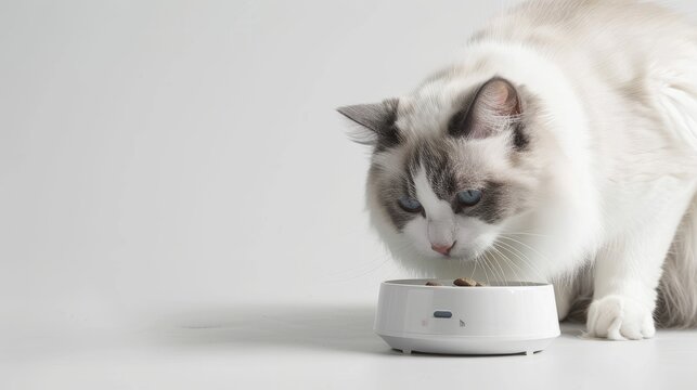 the luxurious simplicity of Ragdoll cats enjoying their meals from a smart feeder against a clean white background, offering ample space for premium advertisement.