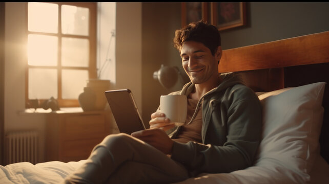 Relaxed woman and man sitting on bed with a cup of coffee and digital tablet