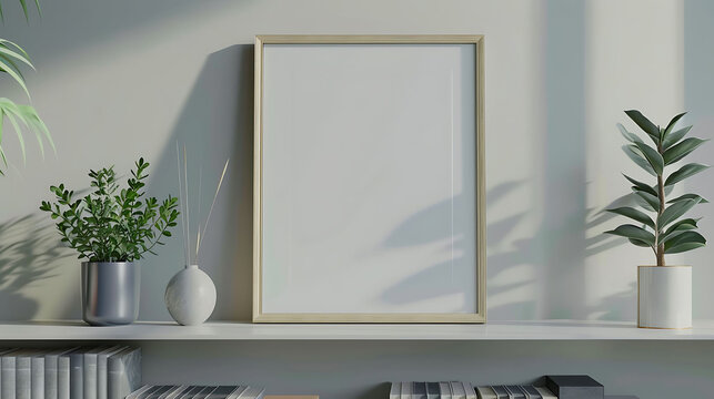 Square shape mockup photo frame fabric border, on book shelf in modern living room, 3d render