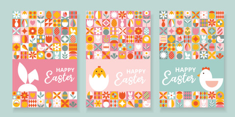 Fototapeta na wymiar Collection 3 greeting posters for Happy Easter with text. Modern design with simple geometric patterns. Icons with eggs, bunny, flowers, chicken. Layout for card, advertising, banner