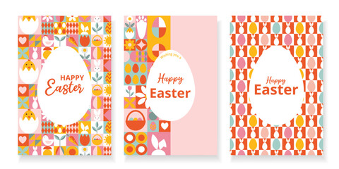 Set 3 modern greeting cards for Happy Easter with text. Design with bright geometric patterns. Squares with eggs, bunny, flowers. Template for card, poster, flyer, banner, cover
