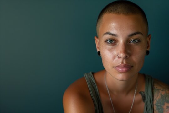 A portrait of a person with a buzz cut, subtle makeup against a dark background
