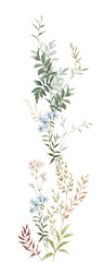 Design watercolor leaves and flowers. Mural. A delicate vertical wreath plants flowers. Botanical modern illustration