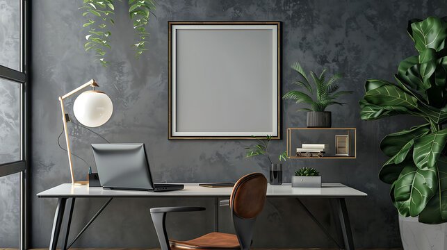 Square shape mockup photo frame resin border, on study desk in modern living room, 3d render