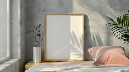 Square shape mockup photo frame bamboo border, on bedside table in modern living room, 3d render