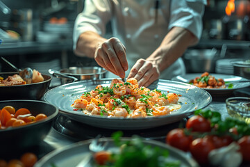 Chef preparing a dish with fresh shrimp