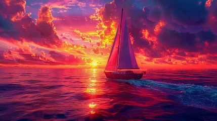 Rolgordijnen A sailboat adrift on a neonglowing ocean as the sunset bathes the horizon in electric magentas and blues the sails fluttering silently in the warm breeze © weerasak