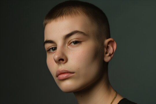A portrait of a person with a buzz cut, subtle makeup against a dark background - Powered by Adobe