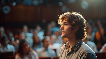 A man with long hair is sitting in a crowded auditorium