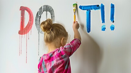 A young child is creatively expressing motivation by painting the inspiring phrase DO IT! in bold, colorful letters on a pristine white wall, showcasing youthful enthusiasm and artistic flair.