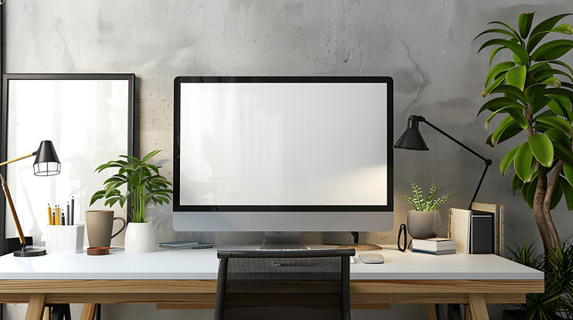 Square shape mockup photo frame bamboo border, on computer table in modern living room, 3d render