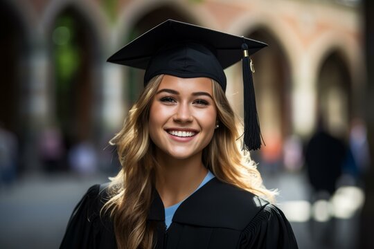 Joyous Smiling girl graduation. Female college. Generate Ai