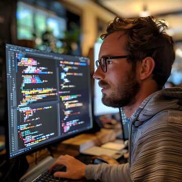 A man is sitting in front of a computer monitor, typing on a keyboard