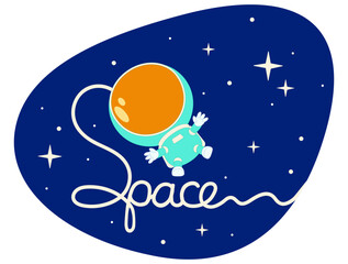 Cute astronaut flies in deep space. Cartoon vector illustration on dark blue background with stars. Lettering. 